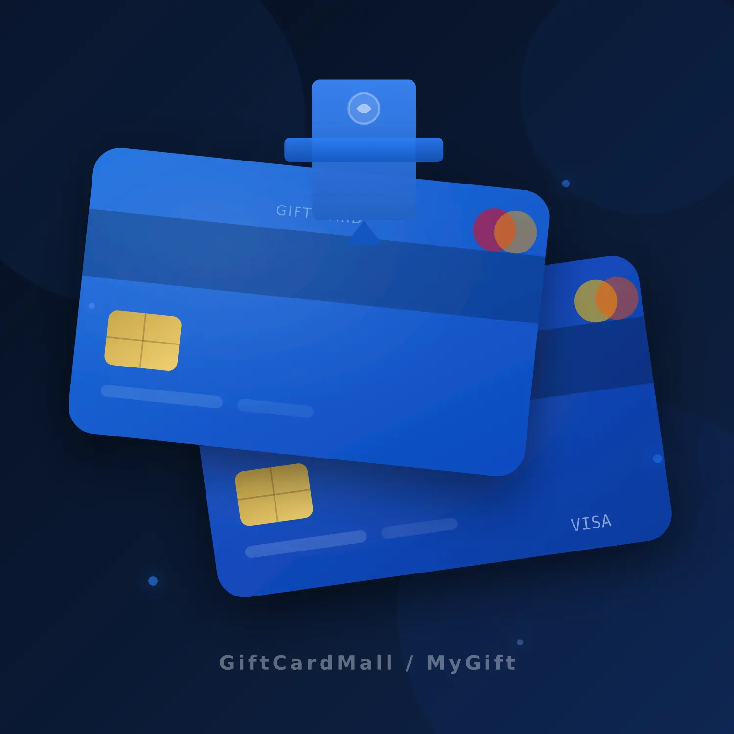 GiftCardMall/MyGift prepaid Visa and Mastercard gift cards shown side by side with a decorative ribbon